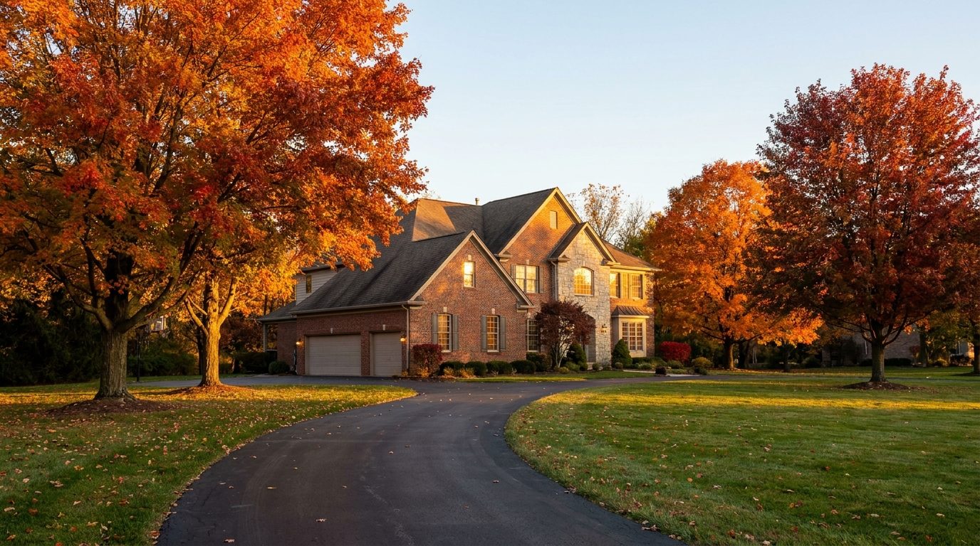 Illustration of a brick and stone Center Grove area home at golden hour in the fall