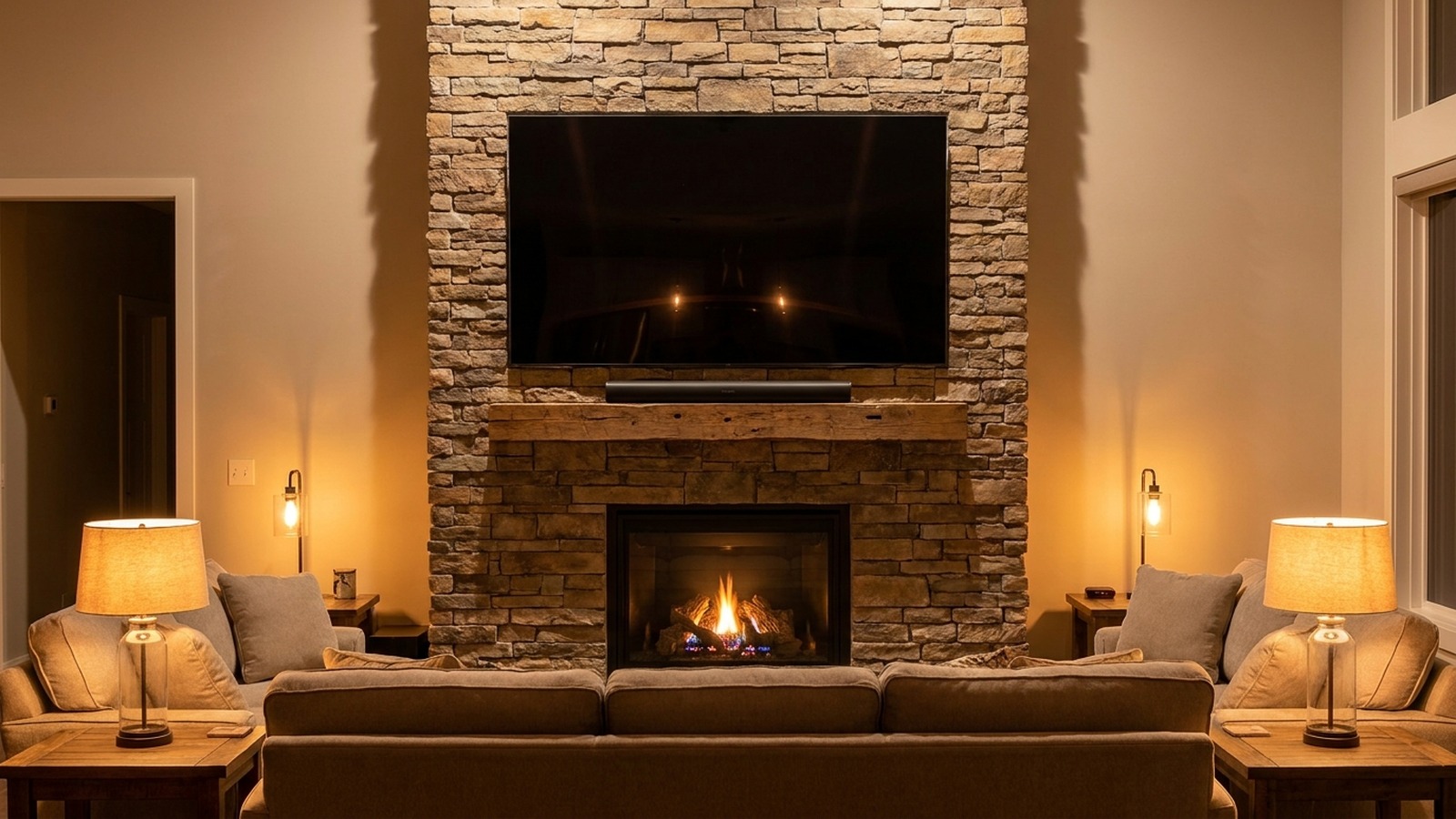 TV mount over fireplace, Avon builder home