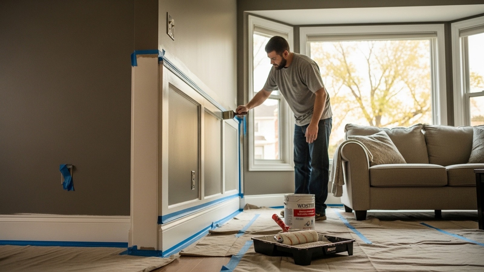 Interior painting in progress in a Central Indiana home — warm greige walls, white trim, professional cut-in