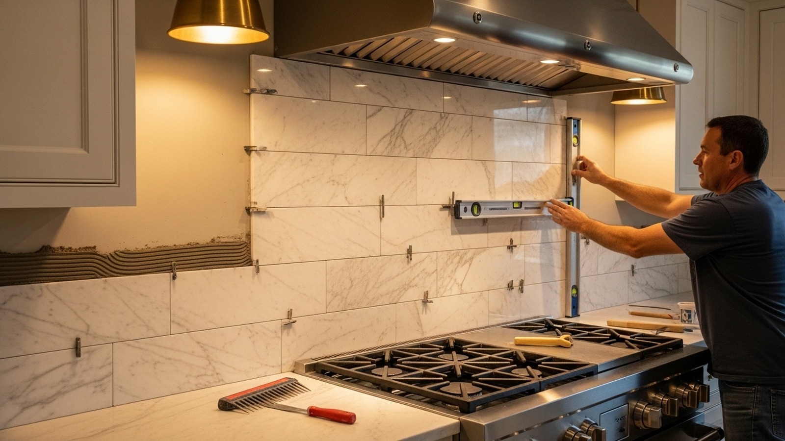 Marble subway tile backsplash being installed in a high-end Carmel kitchen