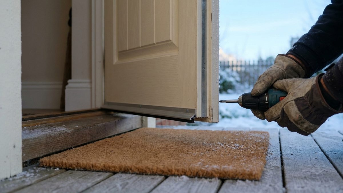 Illustration: new door sweep being fastened to a front door on a frosty morning
