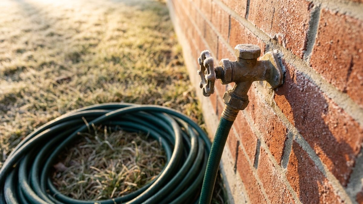 Illustration: frosty outdoor faucet on a brick wall with a hose still attached