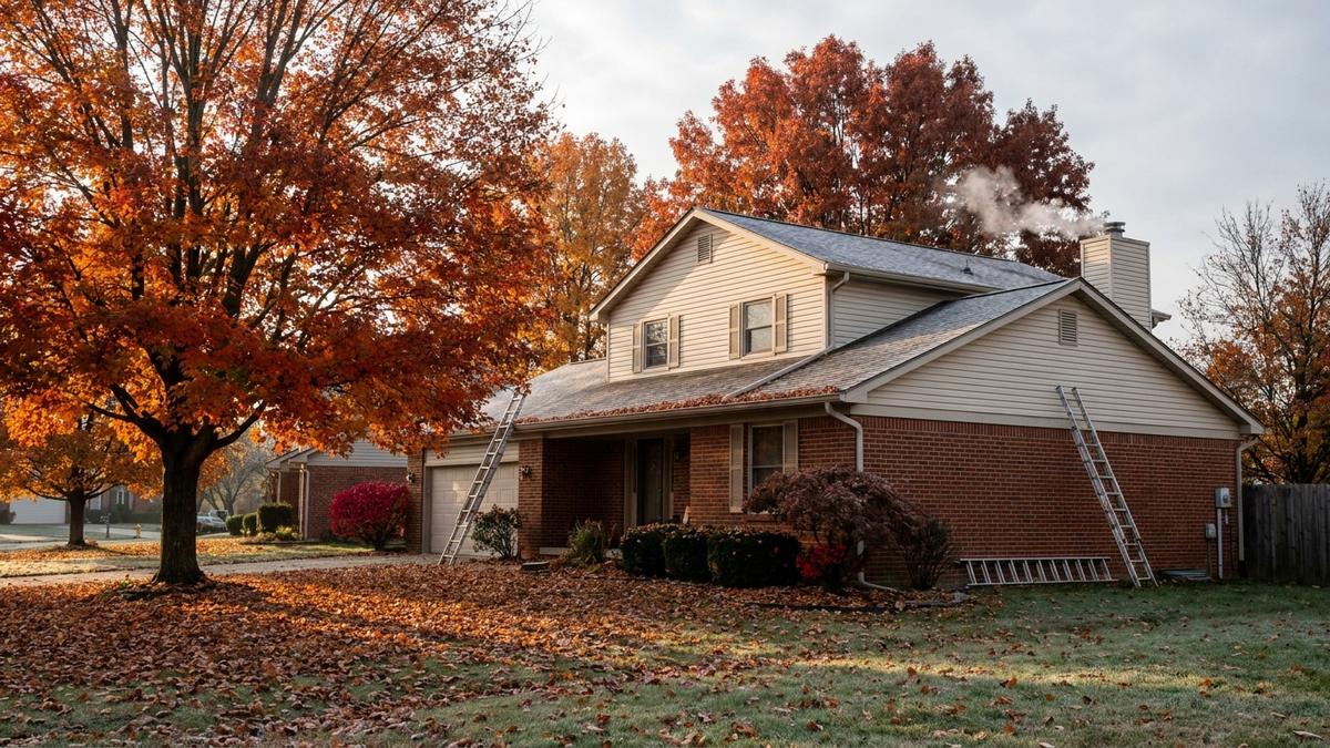 Illustration: brick home in late October with fall leaves and ladders set up for gutter cleaning