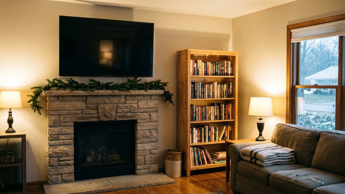 Illustration: living room with a TV mounted over the fireplace and holiday garland