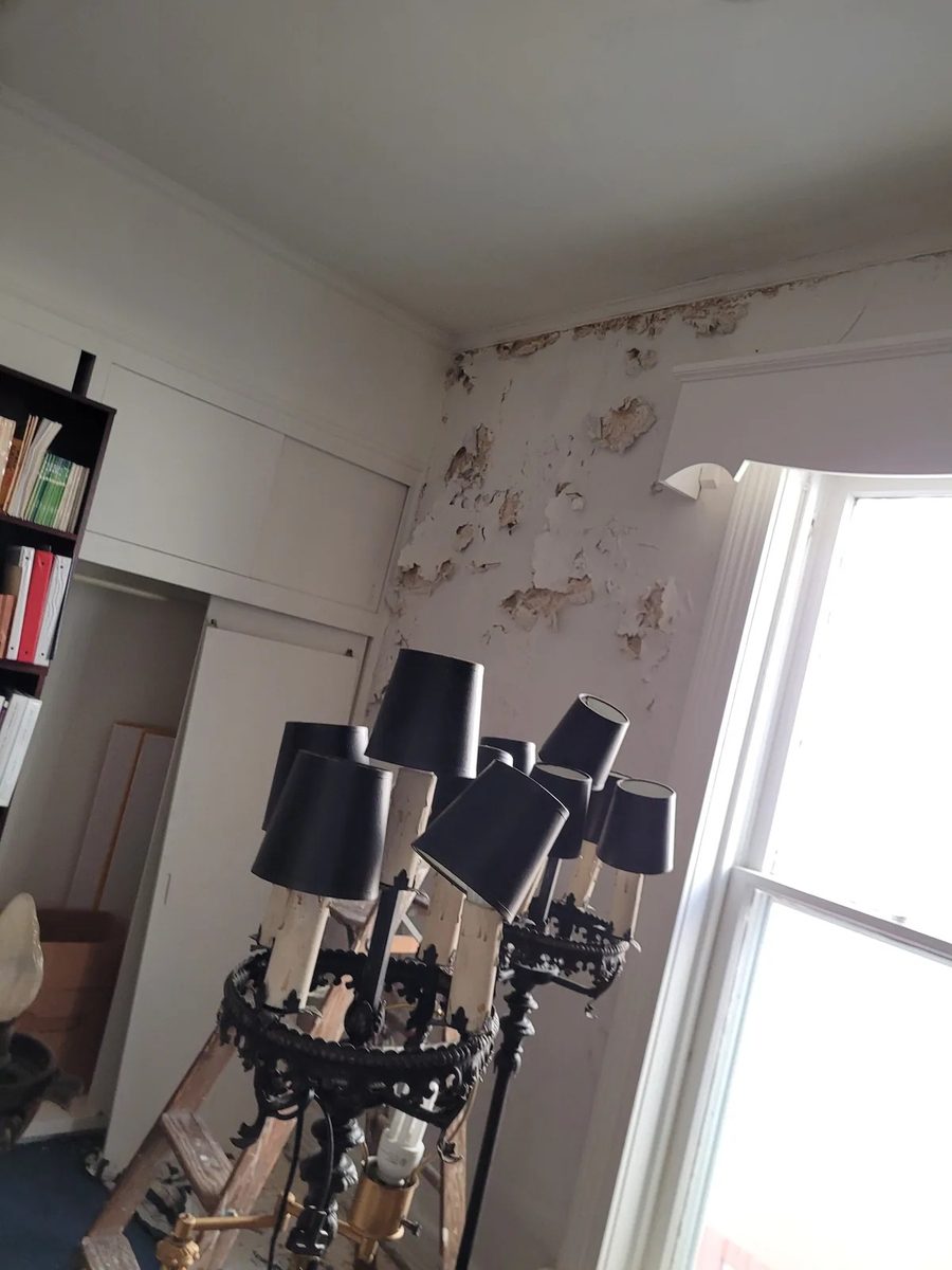Peeling paint and plaster along a wall and window header damaged by water in a Greenwood home